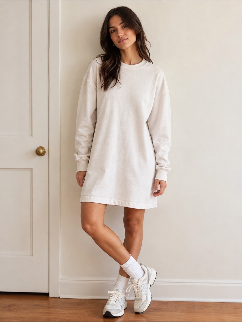 Everlane L 100% Cotton Sweatshirt Dress Cream Relaxed Fit Pockets Lounge Preppy